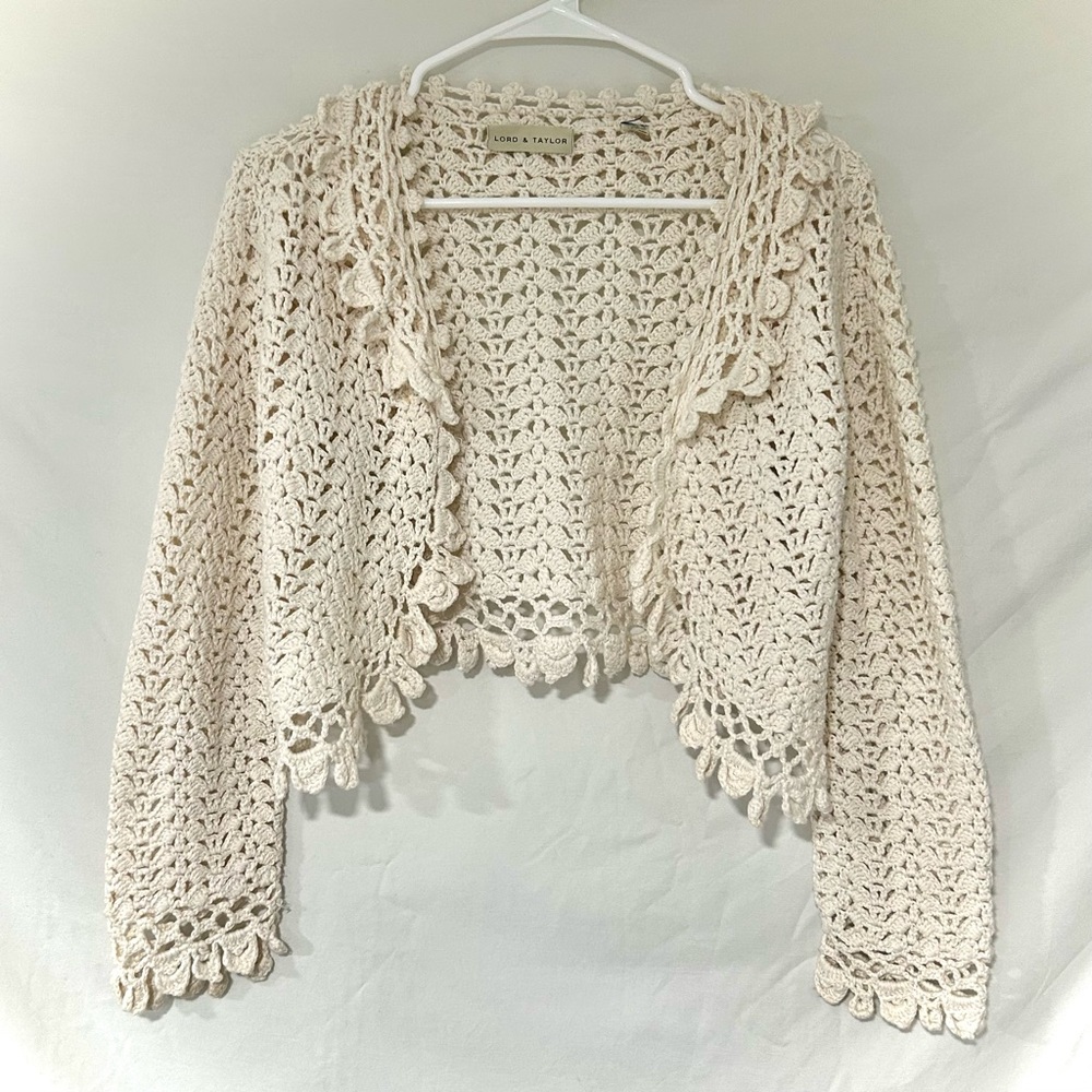Lord & Taylor Cream Crochet Cropped Cardigan Festival Boho Cottage Knit Sweater